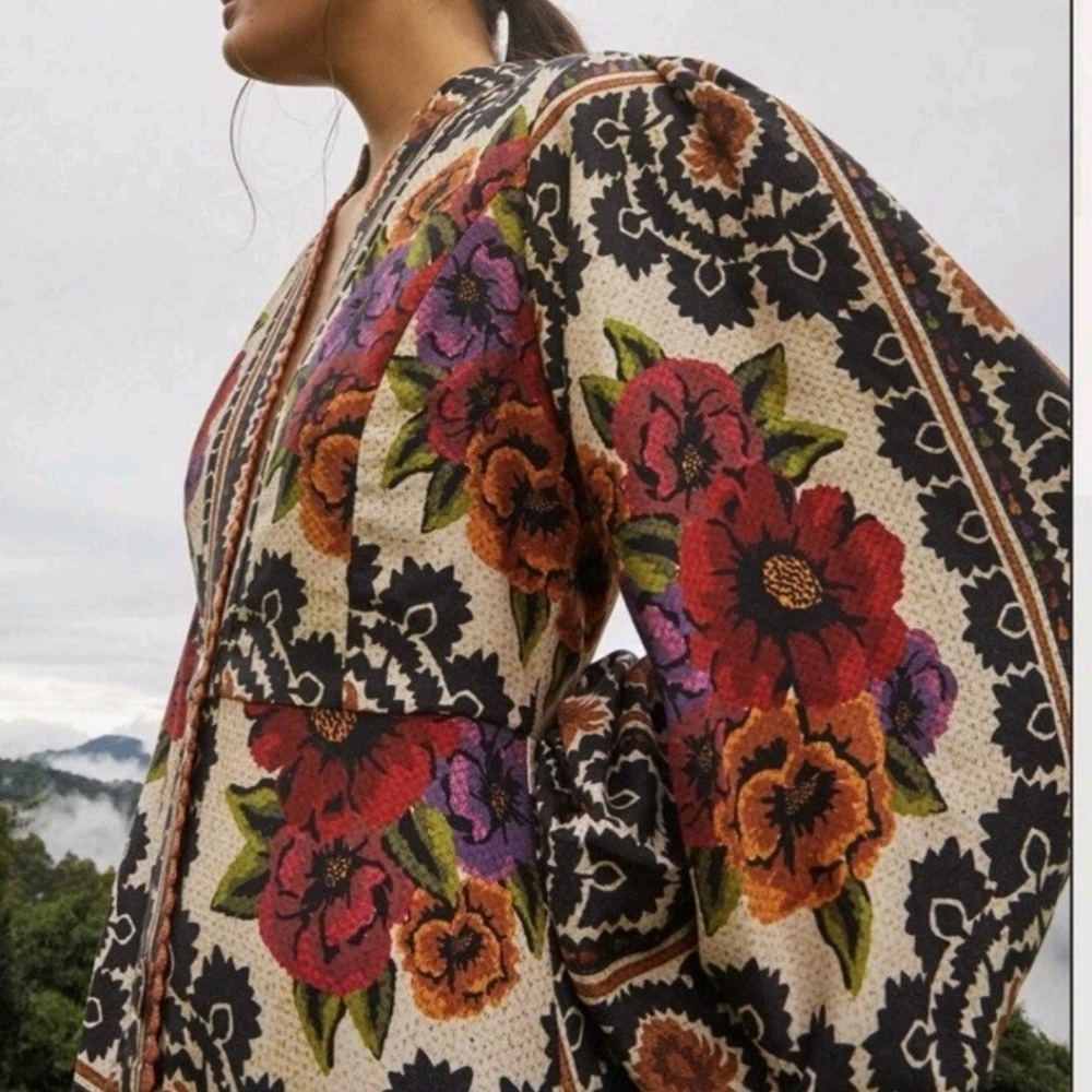 FARM Rio Black Floral Long Sleeve Maxi Dress with Pink and Orange Accents - Picture 5 of 6